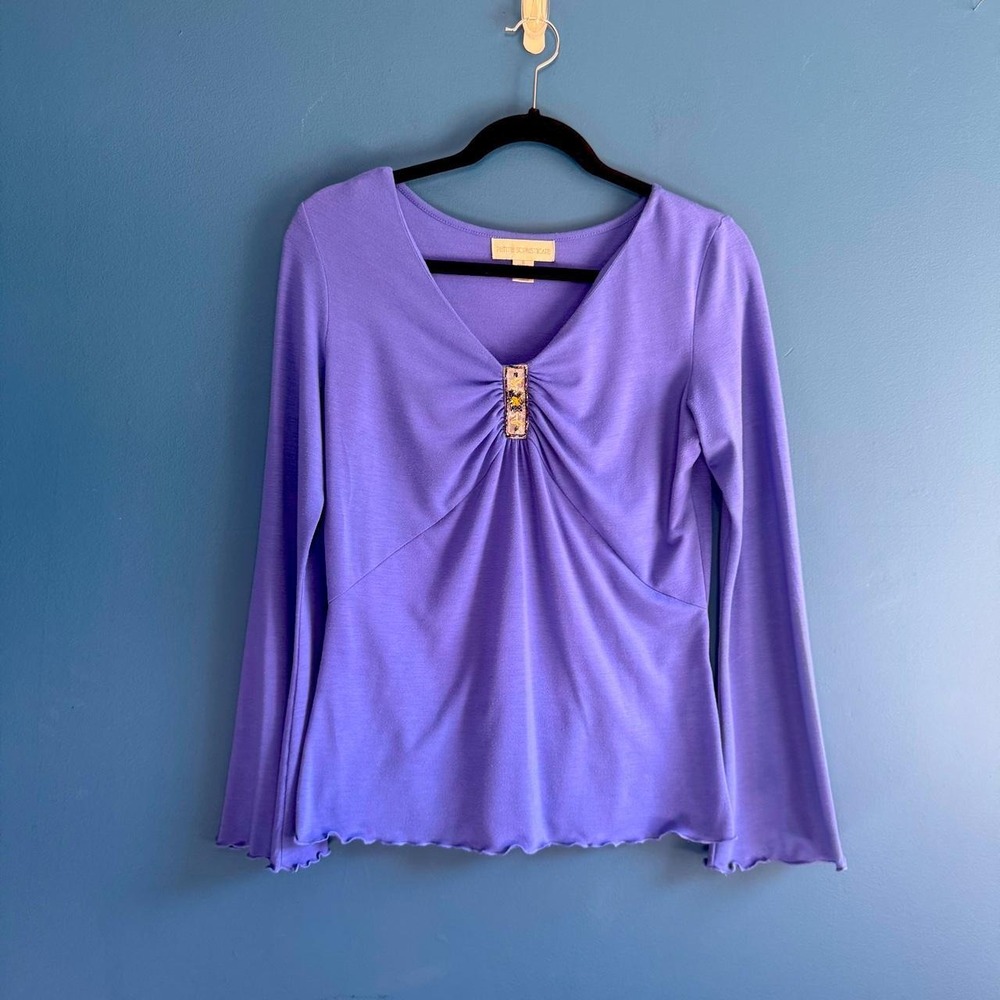 Y2K Going Out Top Women's Size Small Petite Sophisticate Blue Beaded Bell Sleeve